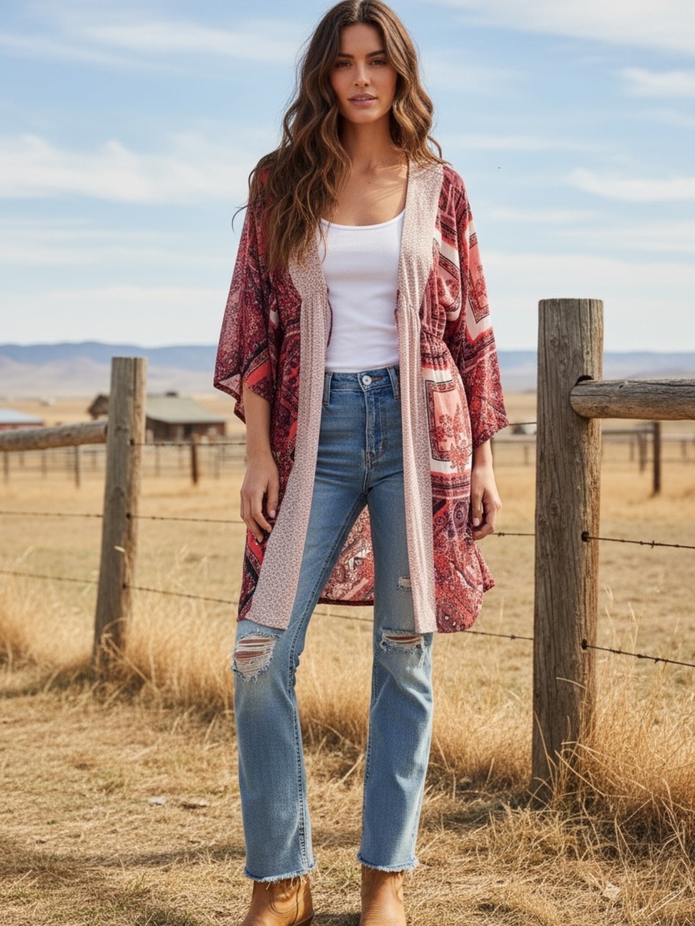 En Creme Floral Boho Kimono Tie Front Bell Sleeve Cardigan